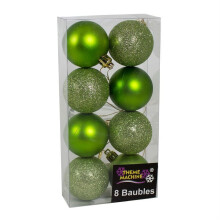 Christmas Decoration 8 Pack 50mm Glitter / Plain Baubles - Green