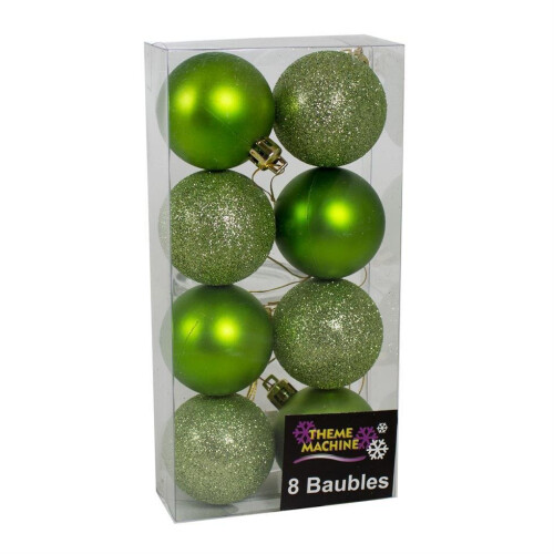 Christmas Decoration 8 Pack 50mm Glitter / Plain Baubles - Green
