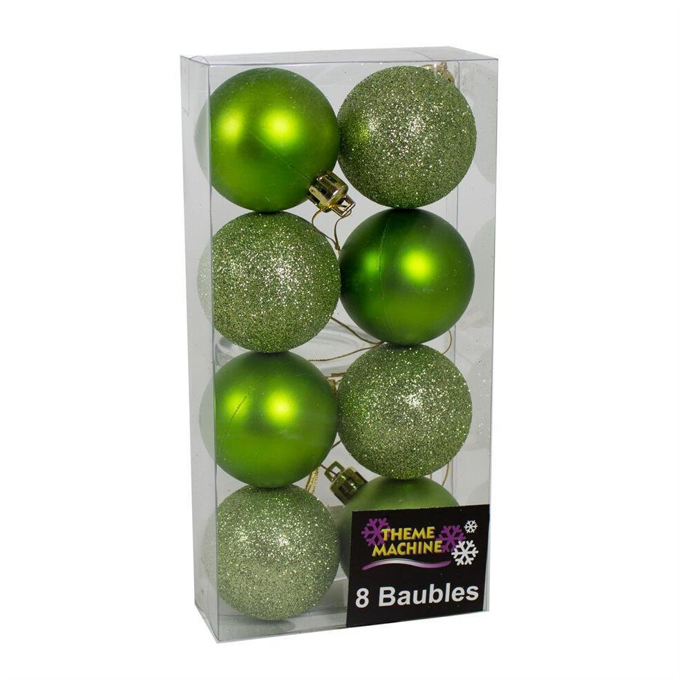 Christmas Decoration 8 Pack 50mm Glitter / Plain Baubles - Green