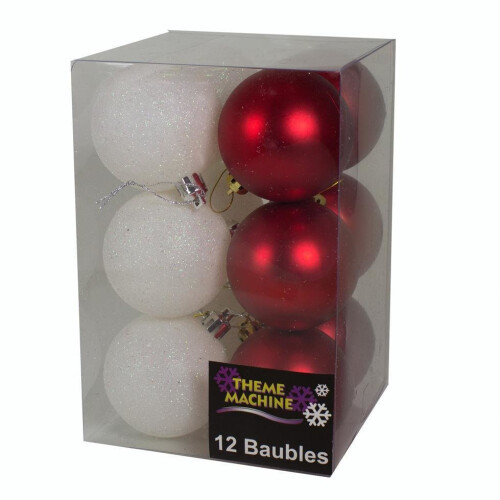 Christmas Decoration 12 Pack 60mm Glitter / Plain Baubles - Red & White
