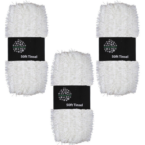 White Christmas Tinsel - 3 Pack, 150ft Total (50ft x 3cm per Pack) Tree Decoration