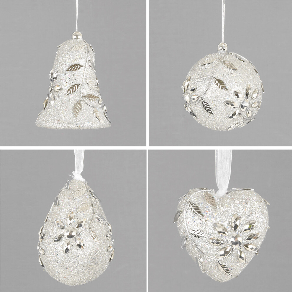 Set of 4 Glitter & Gem Christmas Tree Hanging Decorations - Silver Olive Flower