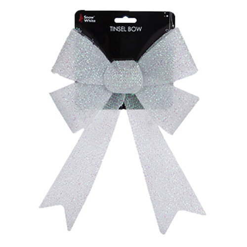Christmas Tinsel Bow Tree Decoration - White 22cm x 32cm