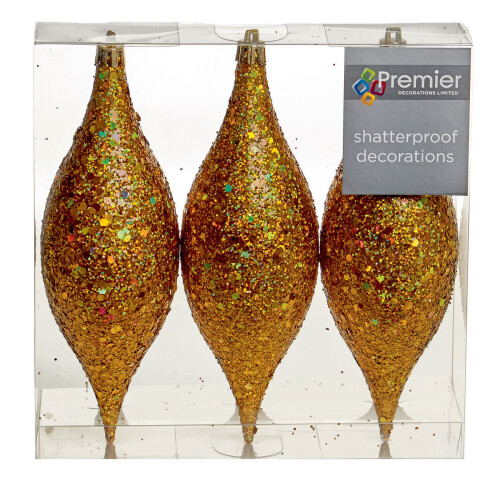 Premier Premier 3 Pack 18cm Glitter Cones Christmas Tree Hanging Decoration - Gold