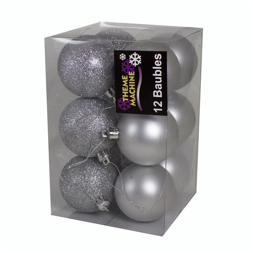 Christmas Decoration 12 Pack 60mm Glitter / Plain Baubles - Silver