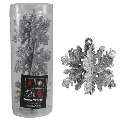 3Pk Snow White Silver Hanging 3D Glitter Snowflakes - 7cm