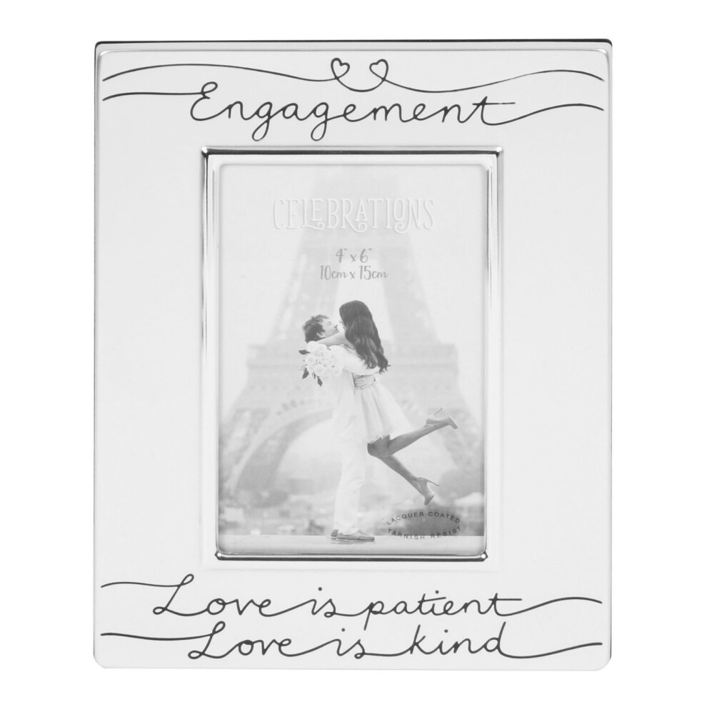 Silver Plated Photo Frame with Heart & Script 'Engagement' Holds 4' x 6' photo