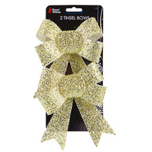 Christmas Tinsel Bow Tree Decoration - 2 Pack Gold 13cm x 17cm