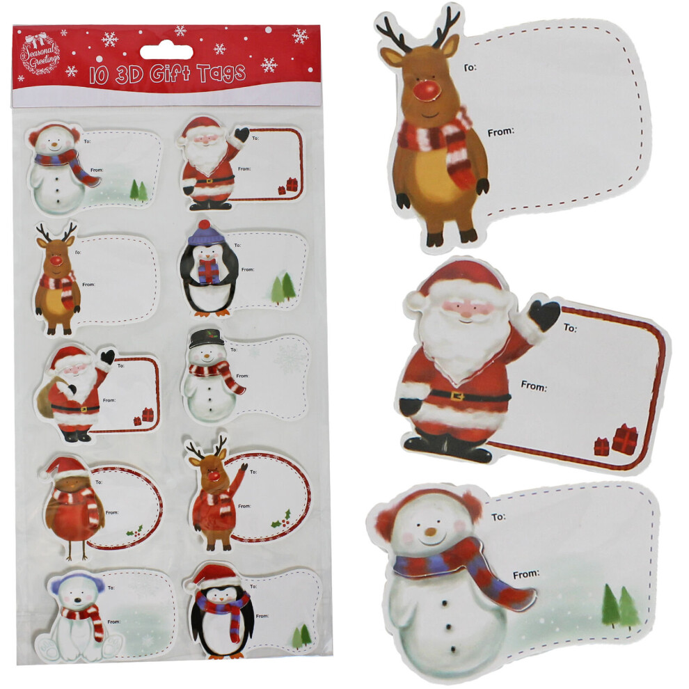 Christmas 10 Pack 7.5cm 3D Gift Tags Cute Fun Design