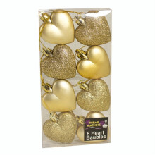 Christmas Decoration 8 Pack 50mm Glitter / Plain Hearts - Gold
