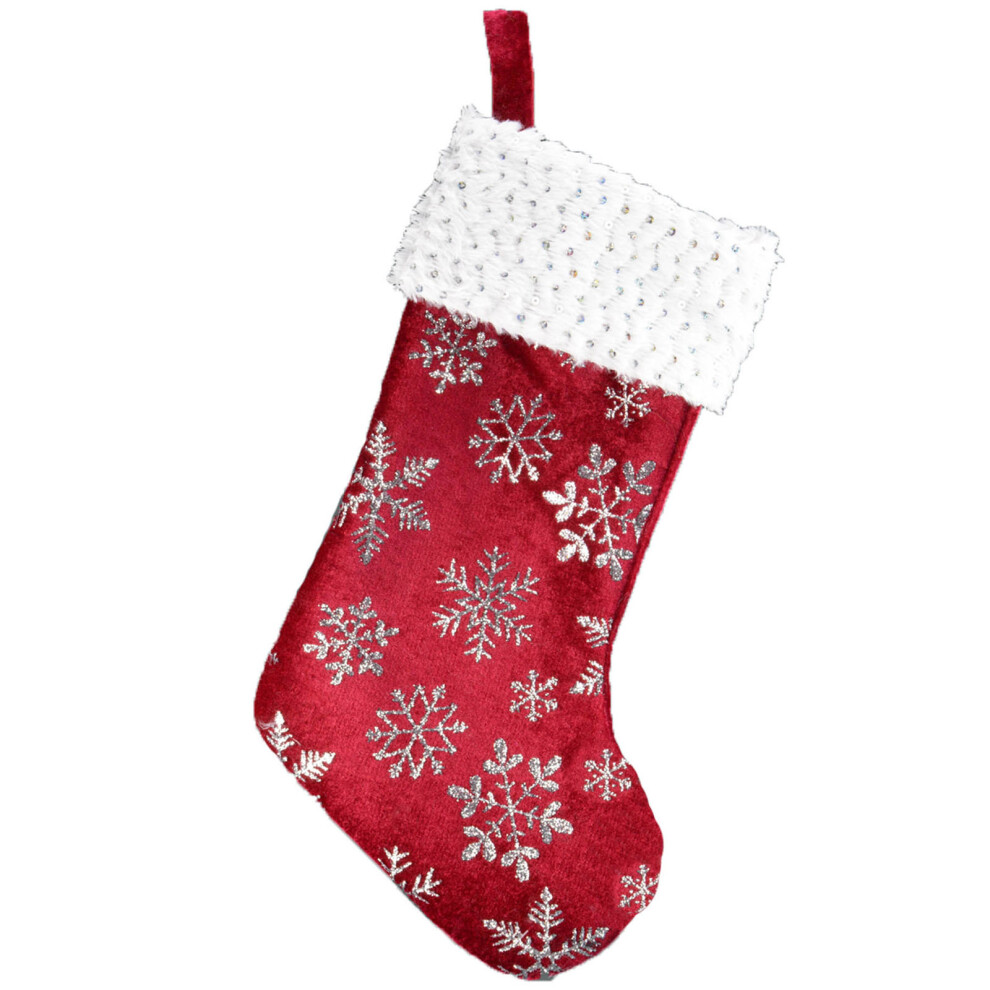 Christmas Red Velvet Stocking with Silver Glitter Snowflakes and Sequins