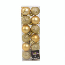 Gold 12-Pack Christmas Baubles 30mm - Glitter & Plain (DP) with Gold Tops & Hanging Strings