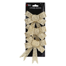 Christmas Tinsel Bow Tree Decoration - 3 Pack Gold 10cm x 13cm