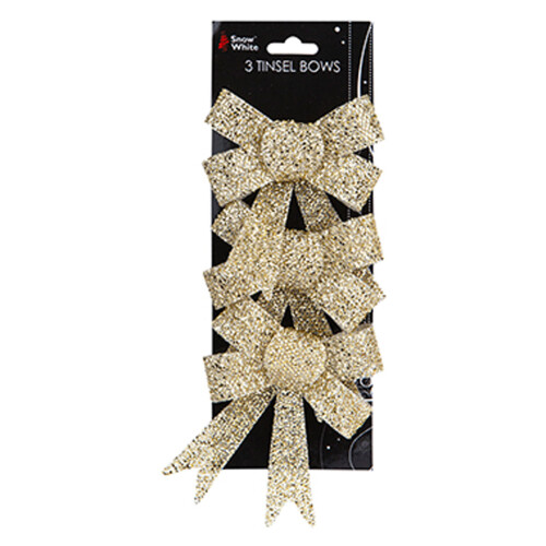 Christmas Tinsel Bow Tree Decoration - 3 Pack Gold 10cm x 13cm