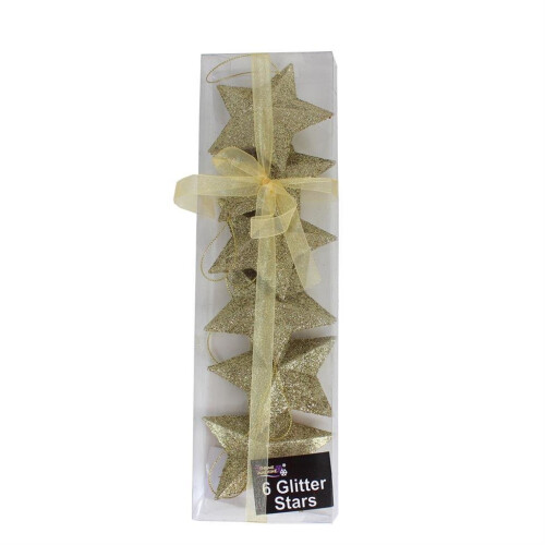Christmas Tree Decoration 6 Pack 80mm Glitter Stars - Gold