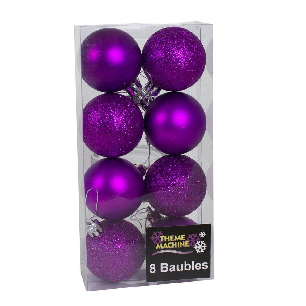 Christmas Decoration 8 Pack 50mm Glitter / Plain Baubles - Purple