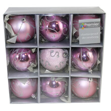 Shatterproof Christmas Tree Decoration - 9 Pack 80mm Baubles - Pink
