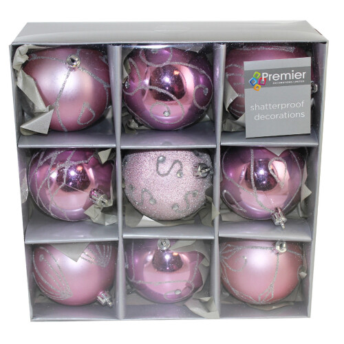 Premier Shatterproof Christmas Tree Decoration - 9 Pack 80mm Baubles - Pink