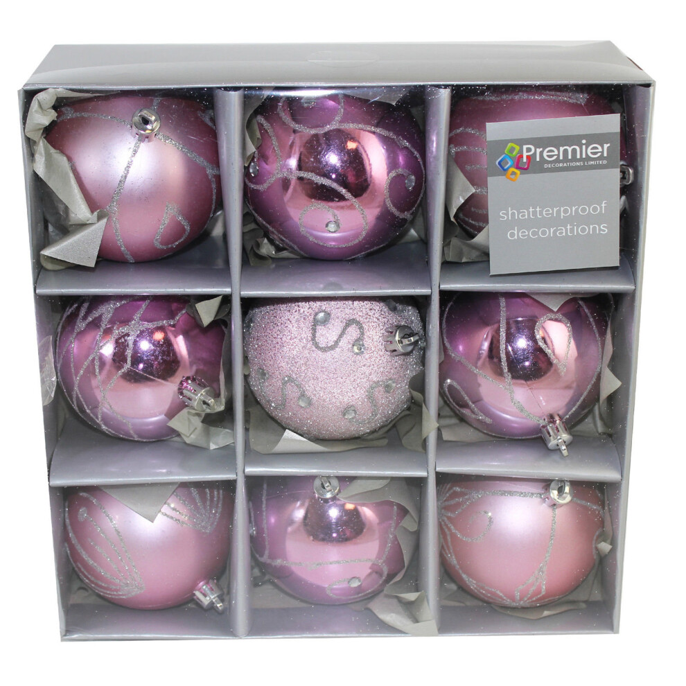 Shatterproof Christmas Tree Decoration - 9 Pack 80mm Baubles - Pink