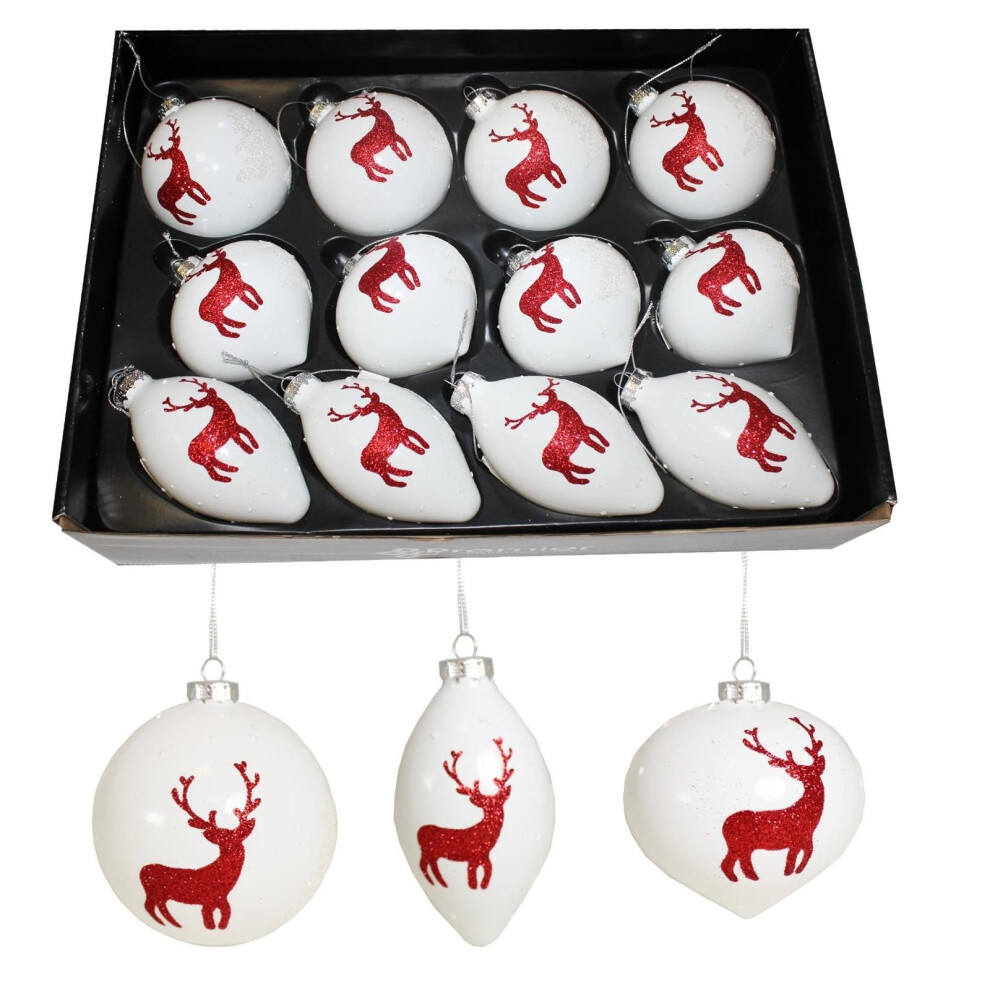 Box of 12 Luxury 80-110mm Glass Christmas Tree Baubles - White with Red Reindeer