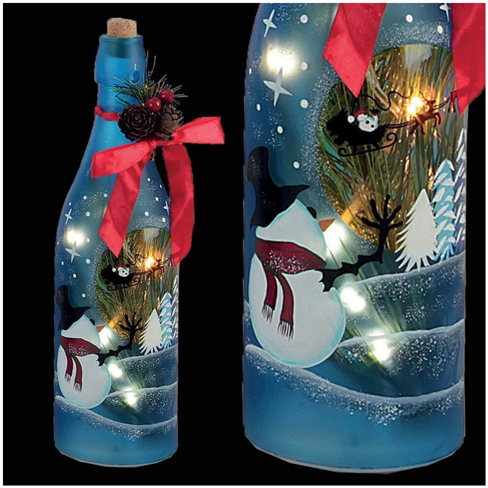 Christmas Decoration 29cm Battery Light Up Glass Bottle - Snowman