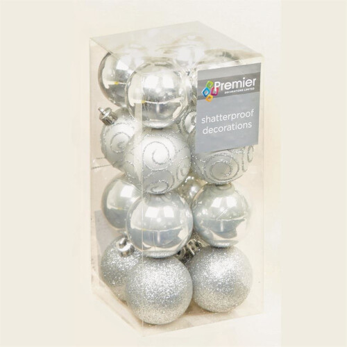 Christmas Tree Decoration 16 Pack 50mm Shatterproof Baubles - Silver