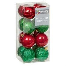 16-Pack 50mm Shatterproof Christmas Baubles - Red & Green, Glitter, Matte & Shiny Finishes, Gold Tops with String