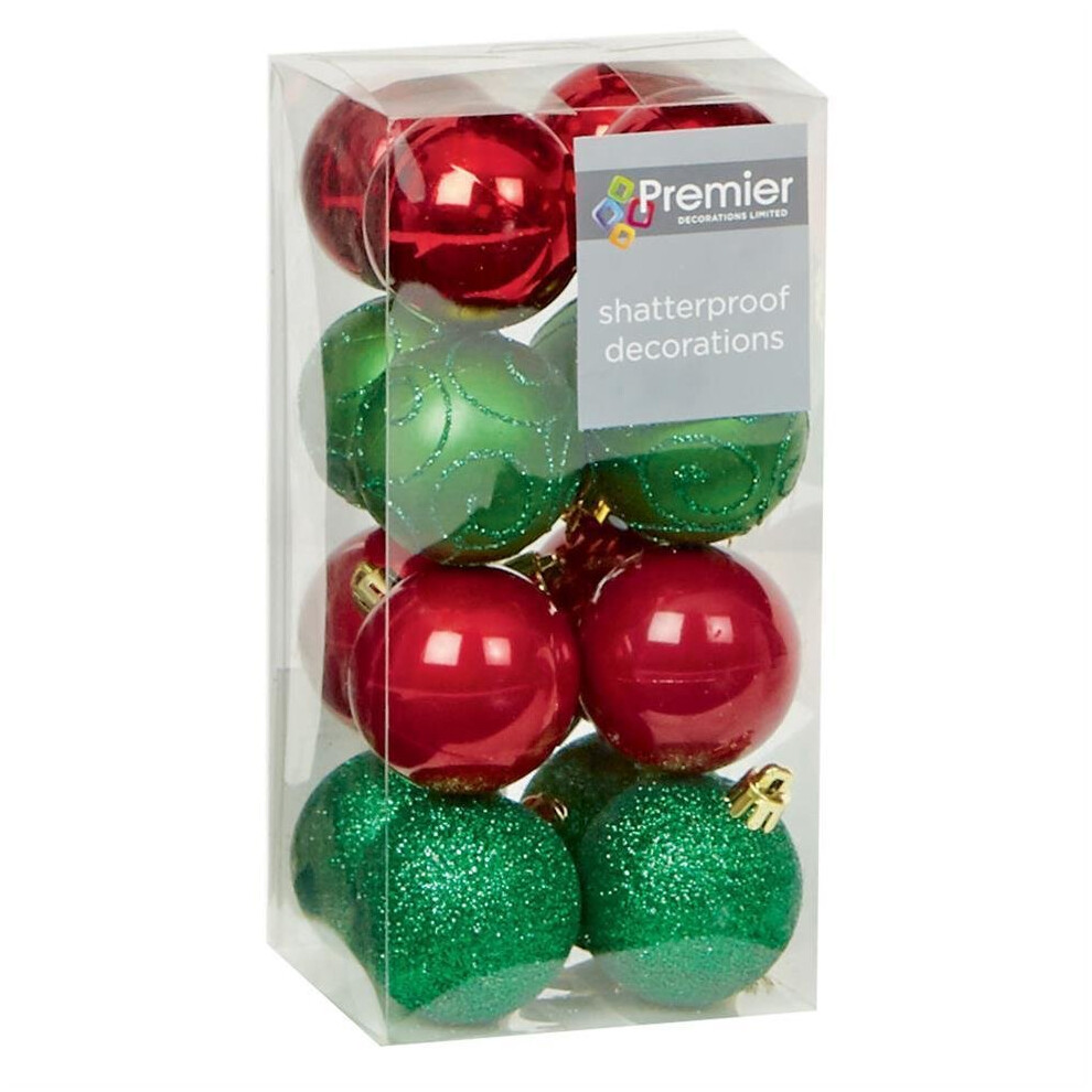 Christmas Decoration 16 Pack 50mm Shatterproof Baubles - Red-Green