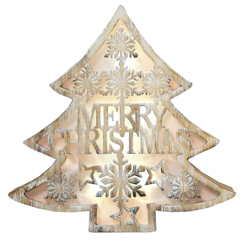 Wooden 24cm Christmas Light Up Decoration - Tree "Merry Christmas