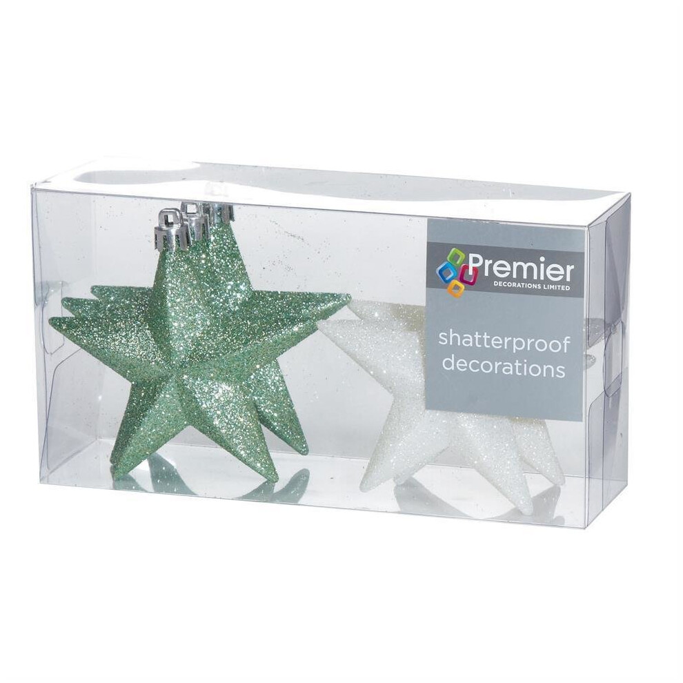 Christmas Tree Decoration 6 100mm Shatterproof Glitter Stars - Green & White-image-OPC-PTBXH8-NEW