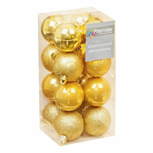 Christmas Tree Decoration 16 Pack 50mm Shatterproof Baubles - Gold
