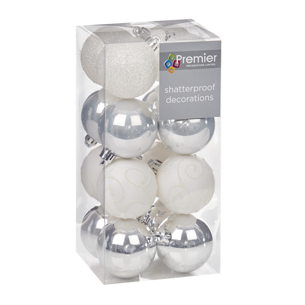 Christmas Tree Decoration 16 Pack 50mm Shatterproof Baubles - Silver & White