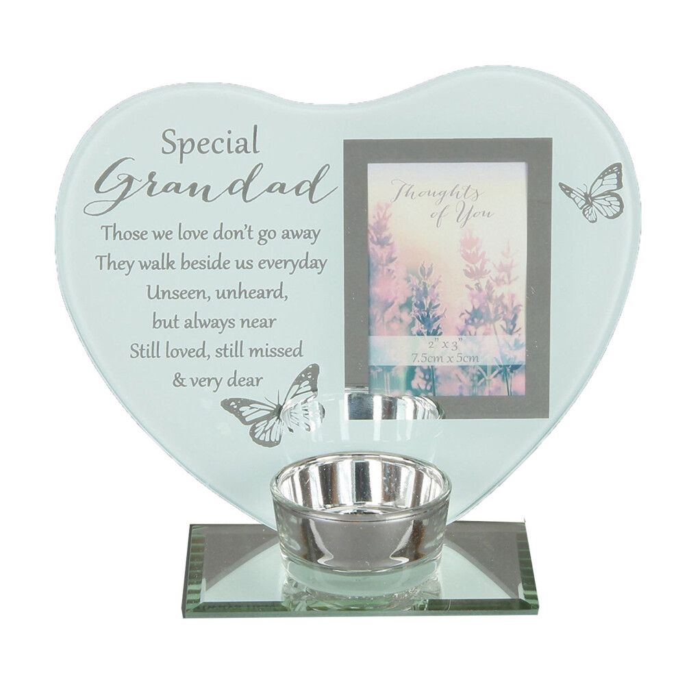 Thoughts of You Glass Memorial Photo Frame & Tea Light Holder for Grandad - 2x3 Photo, 14x16 cm, Silver Heart Frame