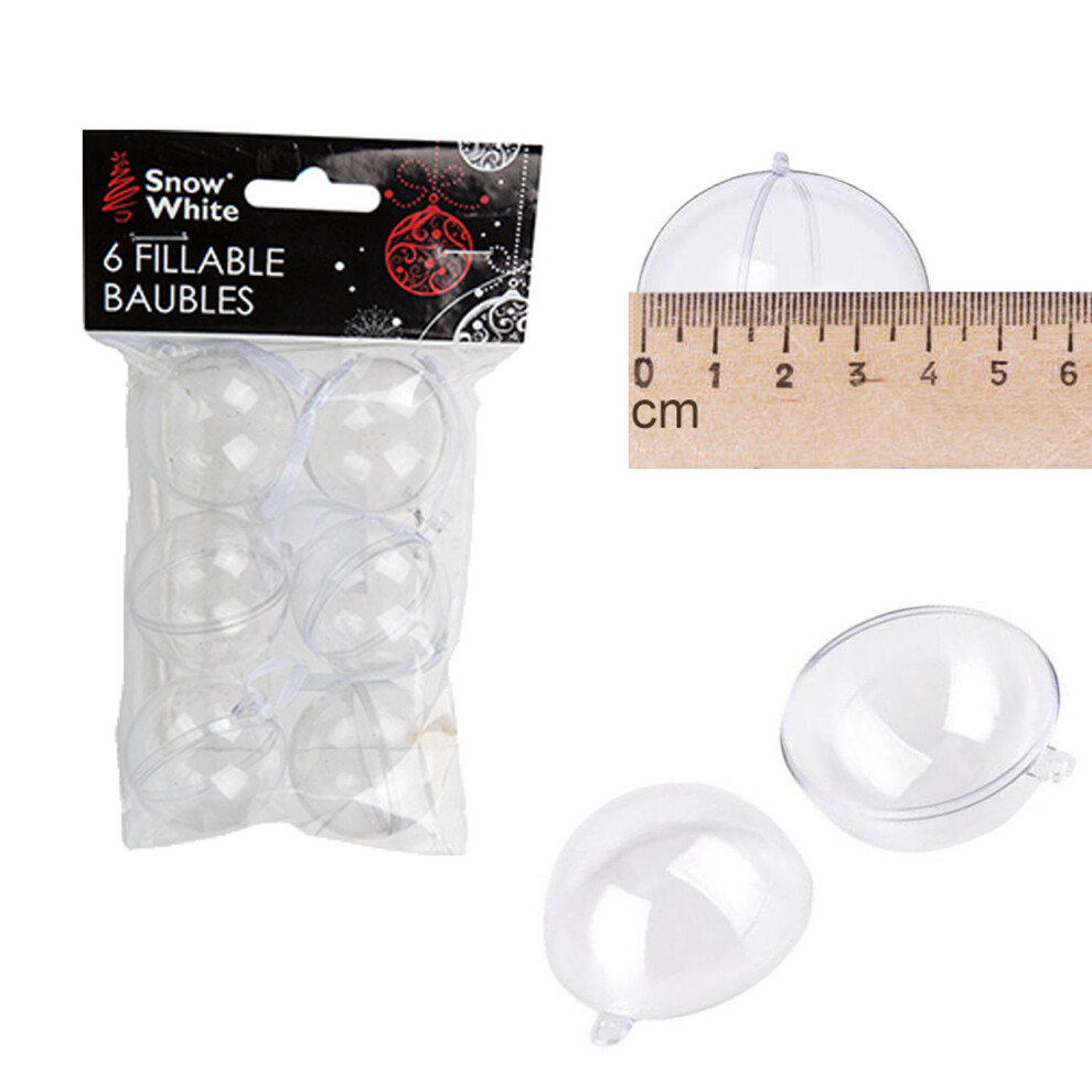 Fillable Clear Plastic Christmas Tree Baubles with Hanging Ribbon - 6 Pack Mini 40mm