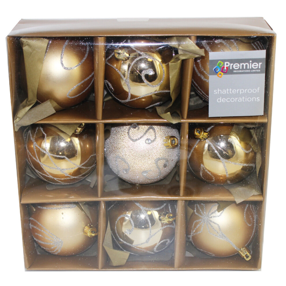 Christmas Tree Decoration 9 Pack 80mm Shatterproof Baubles - Gold