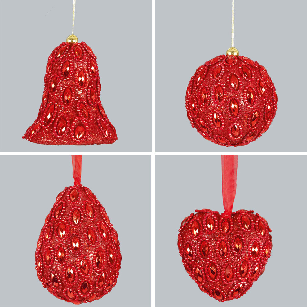 Set of 4 Glitter & Gem Christmas Tree Hanging Decorations - Red