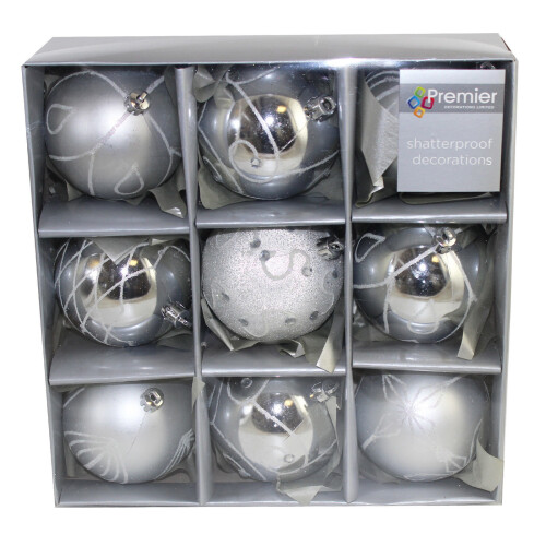Premier Shatterproof Christmas Tree Decoration - 9 Pack 80mm Baubles - Silver