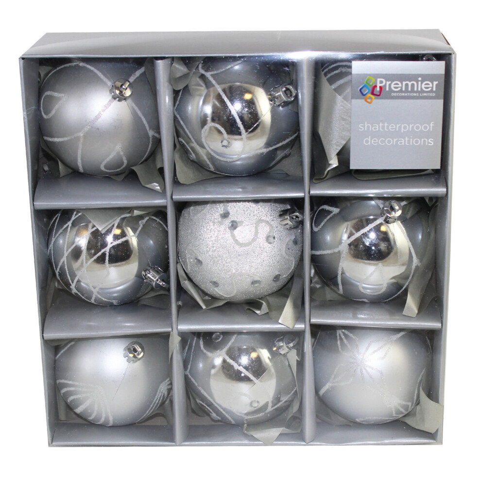 Shatterproof Christmas Tree Decoration - 9 Pack 80mm Baubles - Silver