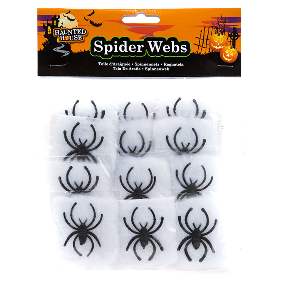 Halloween Decoration 12 x Spider Webs & 12 Plastic Spiders