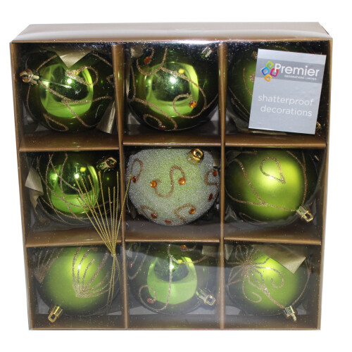 Christmas Tree Decoration 9 Pack 80mm Shatterproof Baubles - Apple Green