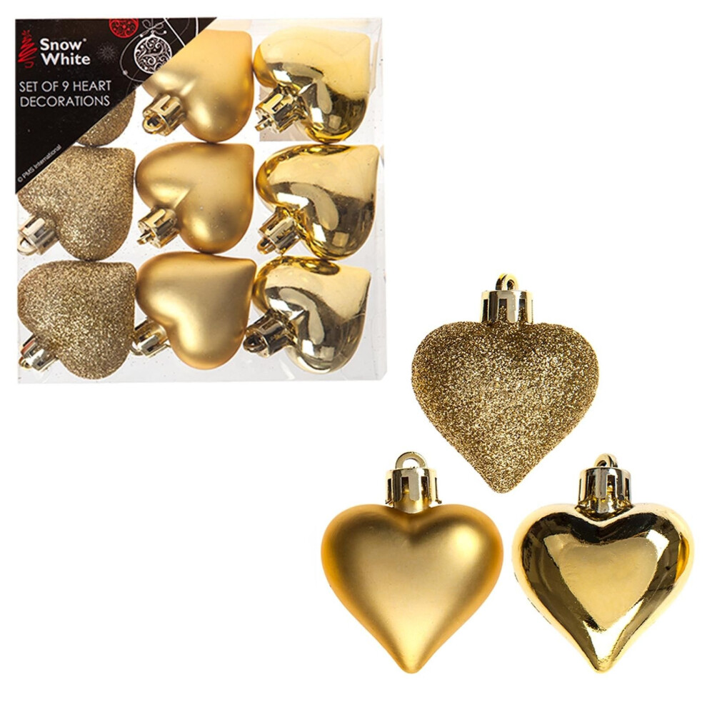 Snow White Shatterproof Christmas Tree Decoration - 9 Pack 40mm Hearts Gold