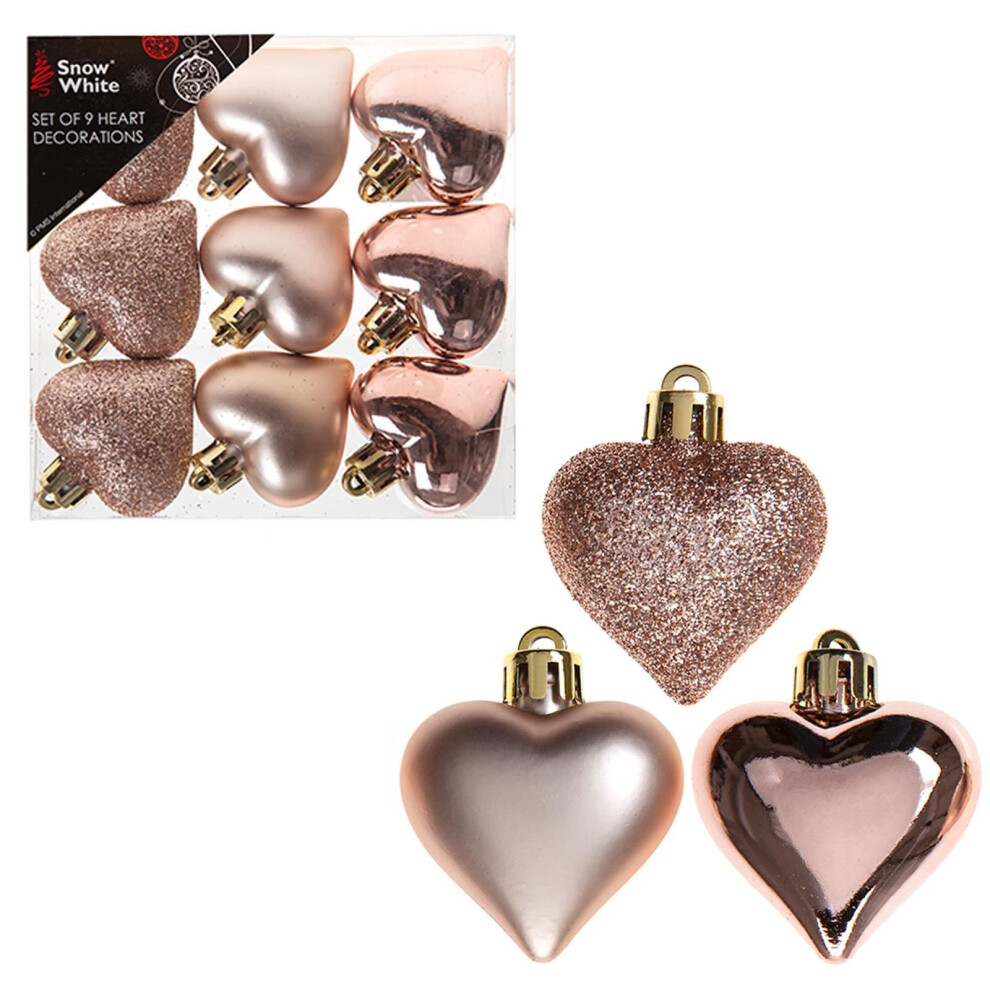 Snow White Shatterproof Christmas Tree Decoration - 9 Pack 40mm Hearts Rose Gold