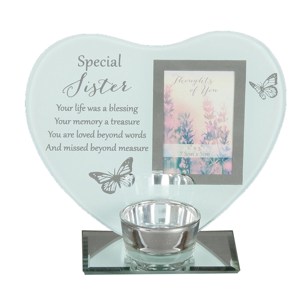 Thoughts of You" Glass Photo Frame Memorial Tea Light Candle Holder - Sister