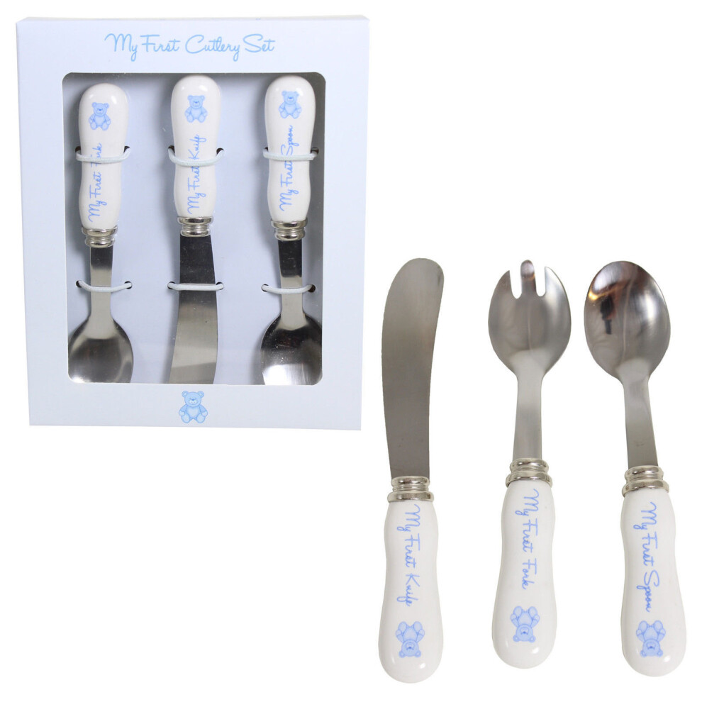 My First Cutlery Set - Spoon, Knife Fork - Blue Teddy Design - Baby Boy