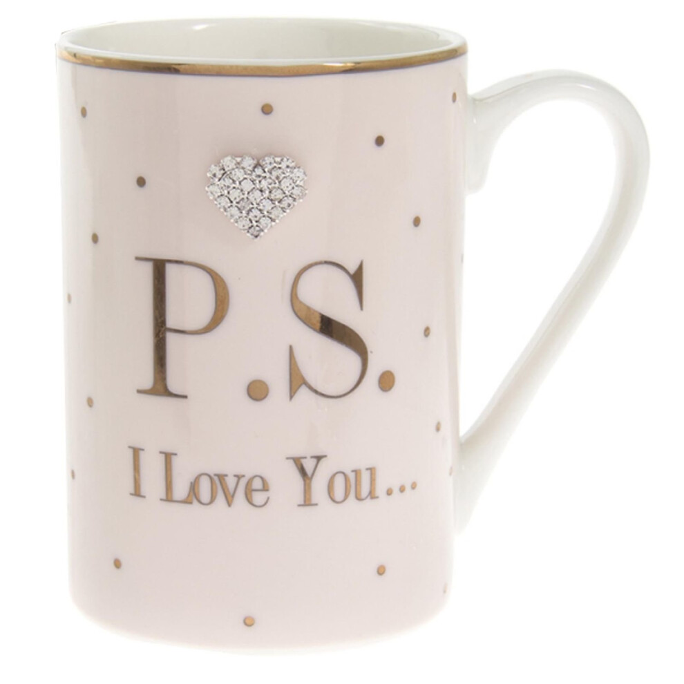 Mad Dots Gift Boxed Mug Cup with wording diamante heart - PS I Love You