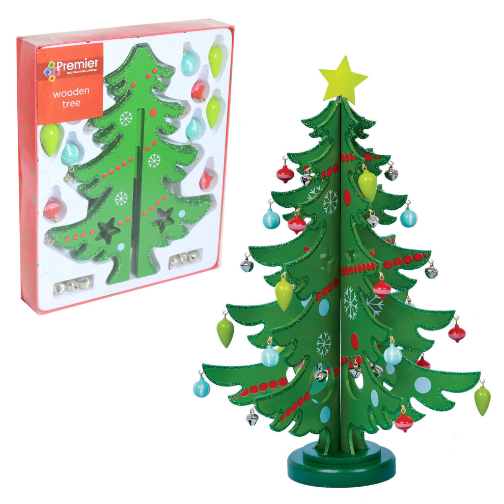 Premier 25cm Wooden Christmas Tree with Ornaments - Green