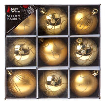 Snow White Shatterproof Christmas Tree Decoration - 9 Pack 60mm Baubles Gold