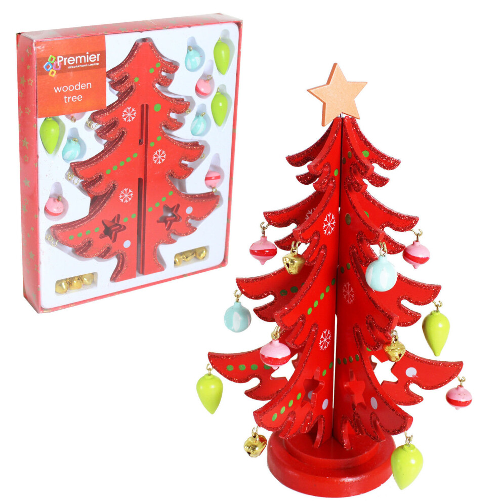 Premier 25cm Wooden Christmas Tree with Ornaments - Red