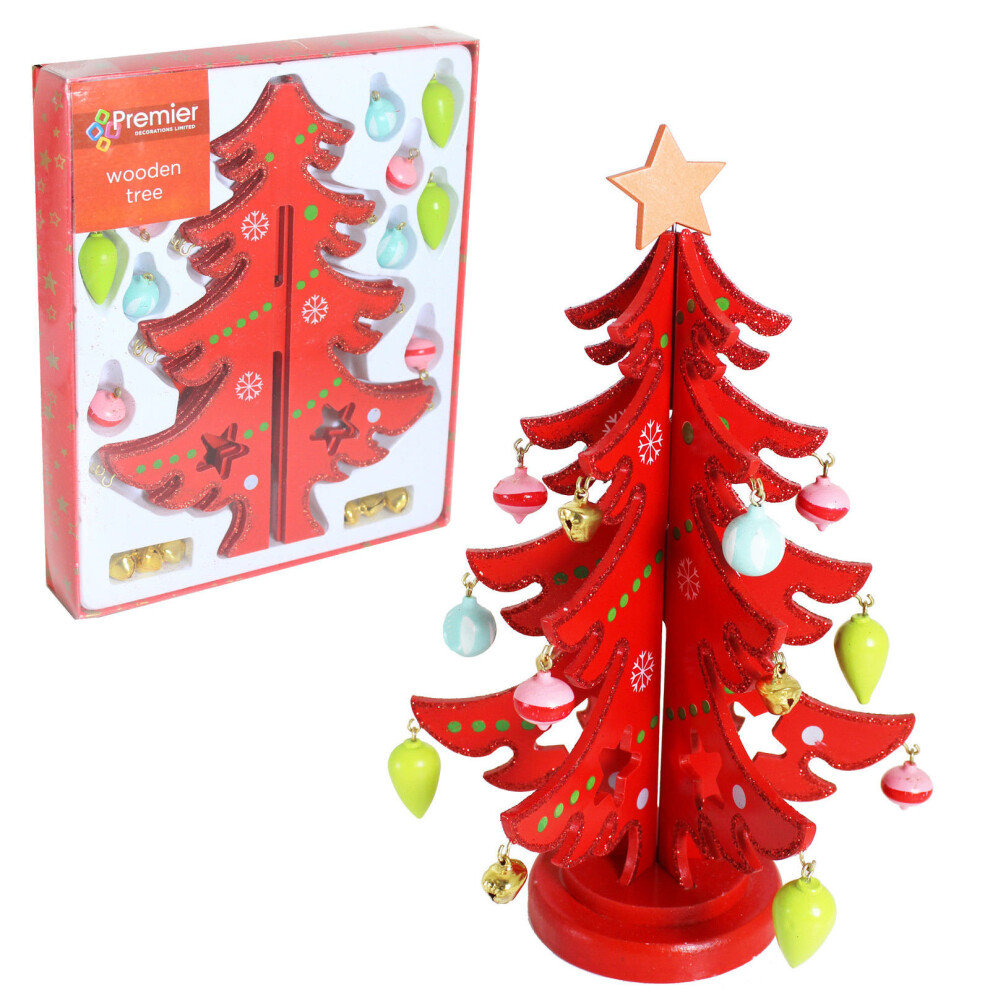 Premier 25Cm Wooden Christmas Tree With Ornaments - Red