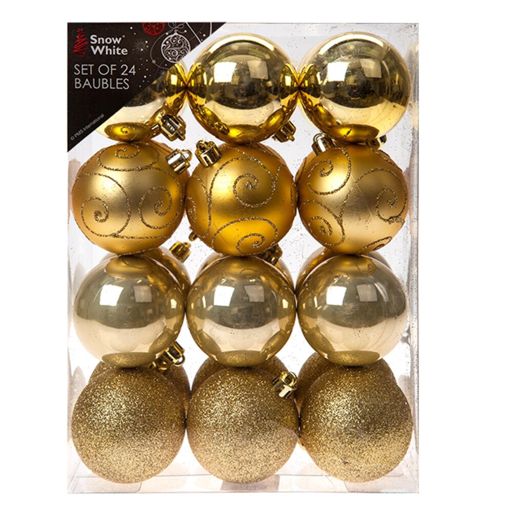 Snow White Shatterproof Christmas Tree Decoration - 24 Pack 60mm Baubles Gold